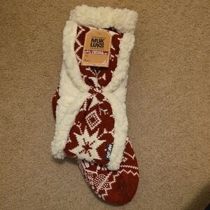 Muk Luks Burgundy and Cream Knit Slipper Socks And Headband Set